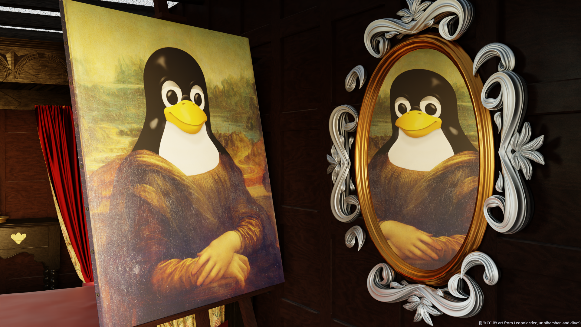 Ein Mona Lisa Gemälde mit dem Tux Pinguin als Gesicht betrachtet sich im Spiegel